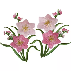 Pair of Pink Flower Patches Iron Sew On Flowers Embroidered Patch Badge Applique - Picture 1 of 2