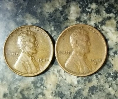 RARE PAIR 1944 Wheat Penny LoT '44 S Error No Mint Mark L Liberty Rim Error Cent - Image 1 of 2