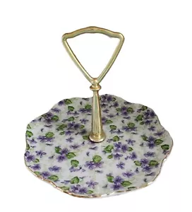 Lefton 6" Tidbit Tray Hand Painted Violet Chintz Gold Trim & Handle Vintage - Picture 1 of 13