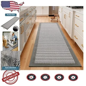 Durable Absorbent Kitchen Mats - 70" x 20" Grey Runner with Chenille Weave - Picture 1 of 10