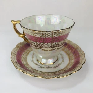 Royal Sealy Tea Cup Reticulated Saucer Set Pink Iridescent Opal Luster Gilt VTG - Picture 1 of 9