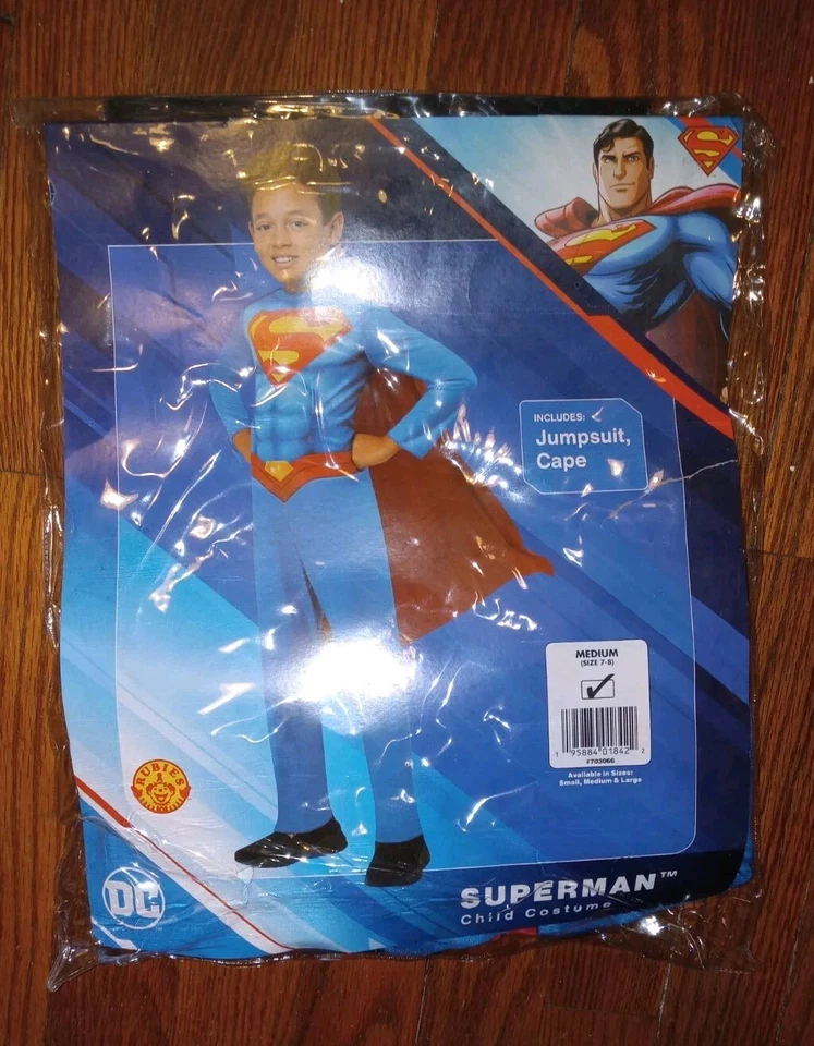 DC SUPERMAN Costume Boys' Size M (7-8) Suit & Cape *NEW* Halloween (Rubies) - Image 1 of 3