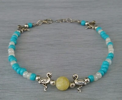 Flamingo Charm Glass Seed Beads Anklet, Summer Beaded Ankle Bracelet For Women - Image 1 of 4