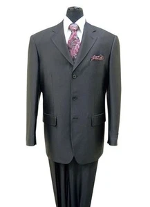 Men's Three Button Solid Black Wool Feel Sharkskin Look Suit 58025 - Picture 1 of 3