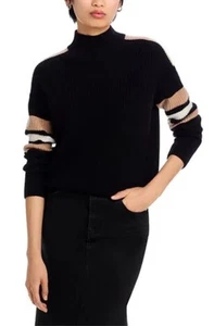 Aqua Cashmere Stripes Sleeves Mock Neck Sweater Women's Size XS Black Beige - Picture 1 of 7