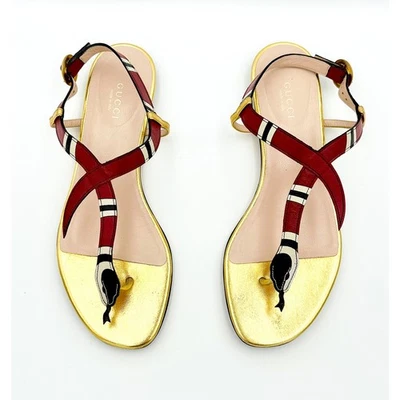 Gucci Yoko Sandals 37.5 UK4.5 US7.5 Snake Gold Red T-Strap Flat Leather Calfskin - Image 1 of 4