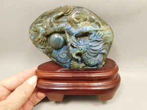 Dragon Labradorite Chinese Decor Hand-Carved Stone Carving #O355 - Picture 1 of 11