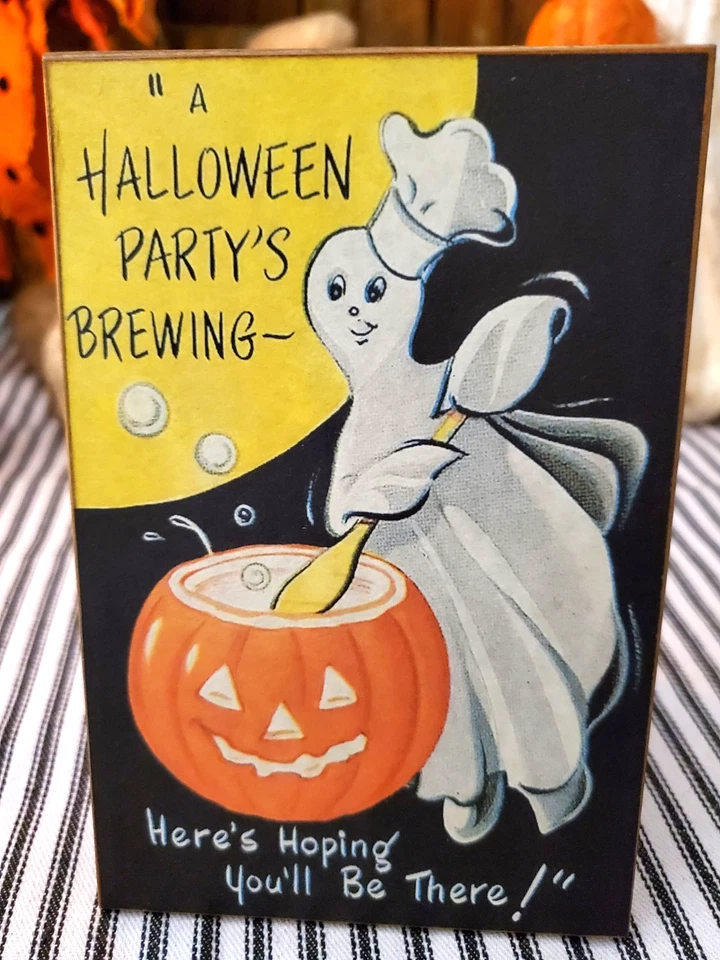 ADORABLE VINTAGE PRIMITIVE SHABBY RETRO STYLE HALLOWEEN GHOST PARTY WOOD SIGN - Image 1 of 4