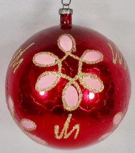 Fantasia Christmas Ornament Red Blown Glass Pink Flowers Glitter Jumbo #1349 - Picture 1 of 10