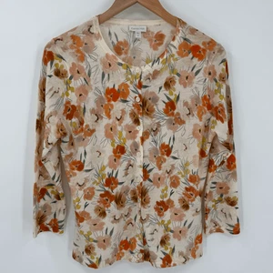 Garnet Hill Signature Eco Merino Cardigan Sweater Floral Cream Women Medium - Picture 1 of 5