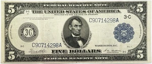 1914 US PHILADELPHIA $5 FEDERAL RESERVE LINCOLN NOTE FR#855 WHITE/ MELLON - Picture 1 of 2