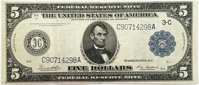 1914 US PHILADELPHIA $5 FEDERAL RESERVE LINCOLN NOTE FR#855 WHITE/ MELLON - Image 1 of 2