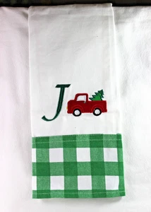 Christmas Kitchen Dish Towel Monogram Inital Letter "J" Red Farm Truck Tree - Picture 1 of 6