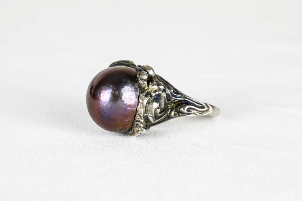 925 Silver Ring with Black Baroque Pearl, Art Nouveau Style, Handcrafted - Image 1 of 4
