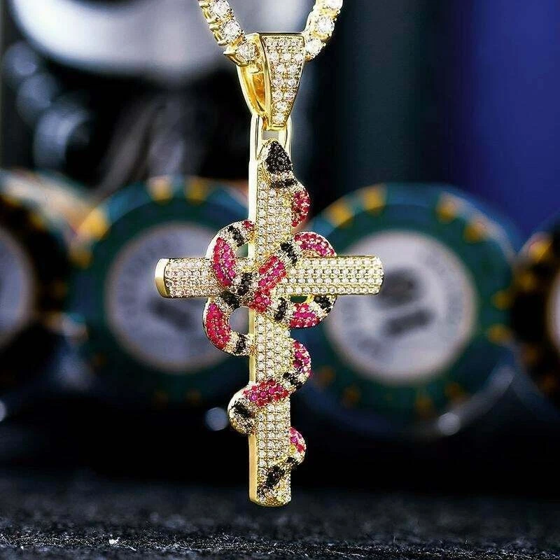 3Ct Round Cut Lab-Created Red Ruby 14K Yellow Gold Plated SNAKE ON-CROSS Pendant - Image 1 of 4