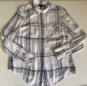 White House Black Market Long Sleeve Blue White Plaid Shirt Thin Flannel Size 10 - Picture 1 of 7