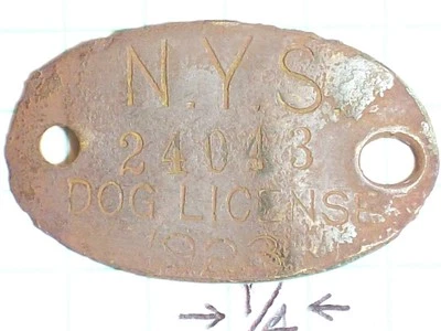 CANINE DOG TAG 1923 N.Y.S. LICENCIA PERRO 24043 METAL OVALADO 1 3/8” X 13/16” CANINE Foto 1 de 4