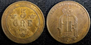 SWEDEN Oscar II 1881 5 Öre small letters Mintage-624,996 KM# 736 (22 973) - Picture 1 of 3