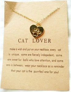 Cat Lover Heart Paw Gold Tone Cat Necklace 18" Long - Picture 1 of 6
