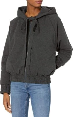 $365 Norma Kamali Chaqueta Bomber con Capucha Cremallera Gris Jaspeado Oscuro Bolsillos XXS O XS Foto 1 de 4