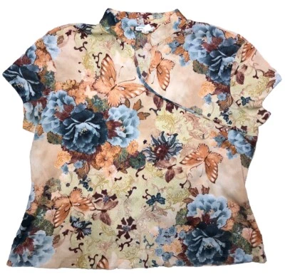 Vtg Y2K Aqua Blues Top L Floral Butterfly Print  Stretch Mesh High V Neck Fairy - Image 1 of 4