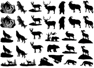 Trout Deer Elk Bear Ram 32 pcs 1 Inch Black Fused Glass Decals - Picture 1 of 1