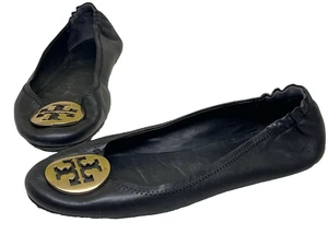 Tory Burch Ballerinas Damenschuhe Größe 8 schwarzes Leder mit goldenem Logo-Medaillon - Bild 1 von 13