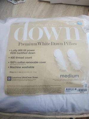 Charter Club White Down Medium Density Pillow, King - Image 1 of 3
