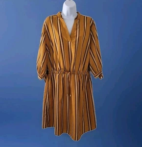 HINT OF BLUSH Size 1x Pullover Dress Striped Mustard Blue Long Sleeves V-neck - Picture 1 of 6