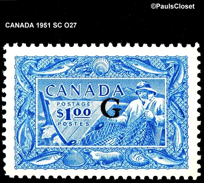CANADA 1951 SC O27 FISHING OP "G" $1 BRIGHT ULTRA MNH OG VF/XF - Image 1 of 2