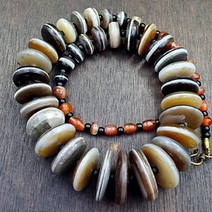 AA VERY RARE COLLECTION ANCIENT DZI AGATE STONE DISC Himalaya Beads Necklace B-2 - Picture 1 of 12