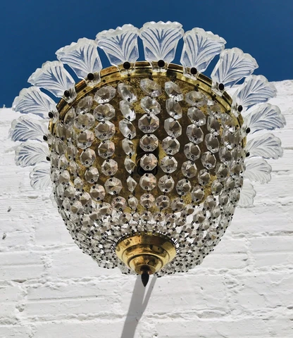 16" ✨ Antique Crystal Chandelier, Beaded Bowl Bag Basket, Murano Glass Leaves Cover