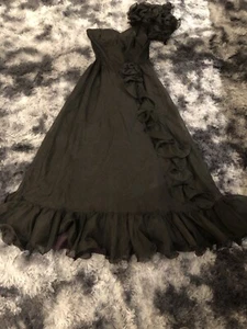 VTG 80s Black One Ruffly Shoulder Front Ruffle Long Party Prom Dress~S/XS - Picture 1 of 9