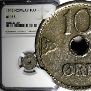 NORWAY Haakon VII 1949 10 Ore CENTER HOLE NGC AU53  KM# 383 (087) - Picture 1 of 4