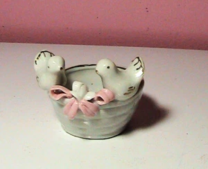 Vintage Miniature Porcelain Bowl w/ 2 Doves & Pink Bow in the Middle Golden Trim - Picture 1 of 3