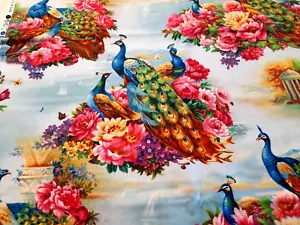 1 1/2 Yds Elizabeth's Studio Patt# 9405 Peacocks & Multicolor Flowers - Picture 1 of 6