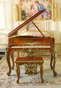 1:12 Scale Mahogany Miniature Grand Piano with Bench - Dollhouse Musical Decor - Picture 1 of 8
