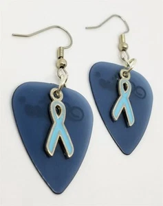 Light Blue Ribbon Charm Guitar Pick Earrings with Surgical Steel Earwires - Picture 1 of 10