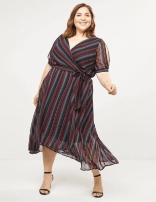 Vestido midi envolvente sintético Lane Bryant 28 multicolor fluido cuello en V mangas cortas gasa Foto 1 de 4
