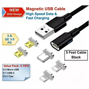 Gift Idea! USB Magnetic Cable, Data & Fast Charging, 5 Tips Value Pack 5ft BLACK - Picture 1 of 10