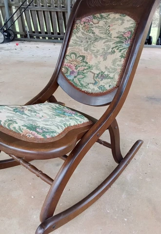 Antique Vintage Folding Rocking Chair Mid Century Tapestry Cherry Wood Victorian Cover