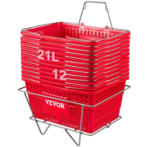 VEVOR Shopping Basket, Set of 12 Red, Durable PE Material with Handle and Stan Cover