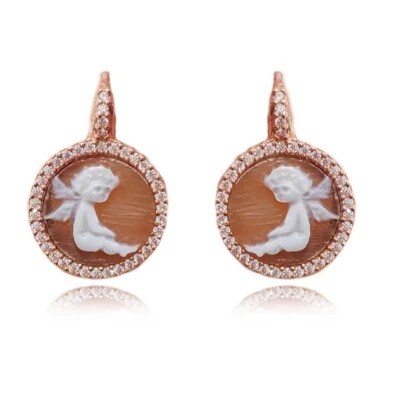 Orecchini Argento 925 ramato cammeo puttino inciso a mano gioiello artigianale - Immagine 1 di 4
