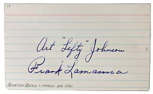 1941 Art "Lefty" Johnson, Frank Lamanna Boston Bees Dual Signed Index Card - Picture 1 of 3