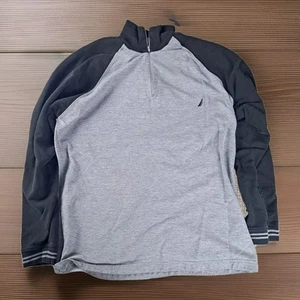 Nautica Mens L Quarter Zip Pullover Gray Black Raglan Sailing Logo Mock Neck - Picture 1 of 3