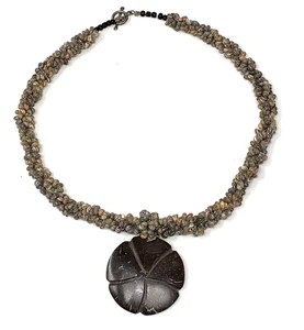 Tiny Shell Necklace Brown Carved Pendant - 19 inch Length - Picture 1 of 7