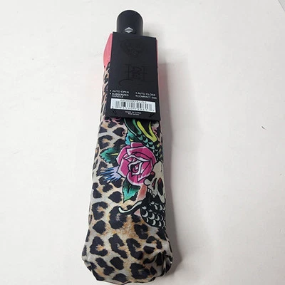 Ed Hardy Christian Audigier Leopard Rose Compact Umbrella New With Tags Travel - Image 1 of 4