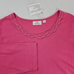 Quacker Factory  Rhinestone Detail Cotton Shirt SZ XL Pink - Picture 1 of 11