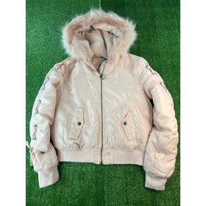Kensie Mujer Rosa Imitación Piel Capucha Chaqueta Bomber Manga Con Cordones Cremallera Frontal Informal S - Imagen 1 de 4