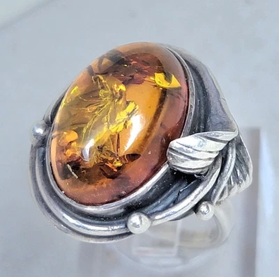 Vintage Amber In Sterling Silver Lilly Vines And Leaves Handmade Poland Ring - Image 1 of 4